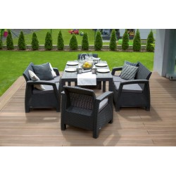 Meble ogrodowe sofa 2 i 3 osobowa, 2 fotele, stół regulowany Lyon rattan grafit Keter