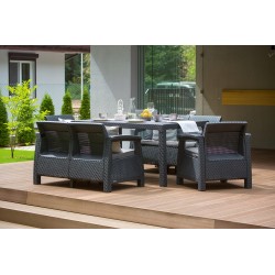 Meble ogrodowe sofa 2 i 3 osobowa, 2 fotele, stół regulowany Lyon rattan grafit Keter
