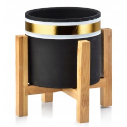 Doniczka ceramiczna na drewnianym stojaku czarna, złota
