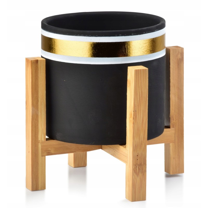 Doniczka ceramiczna na drewnianym stojaku czarna, złota