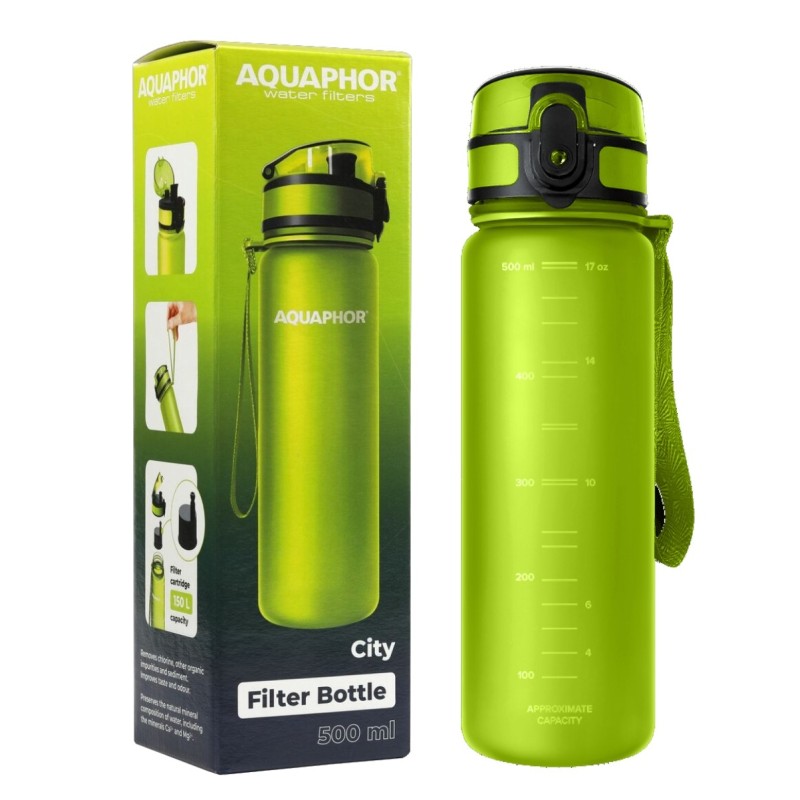 Butelka filtrująca, bidon Aquaphor City 0,5l zielona z filtrem.